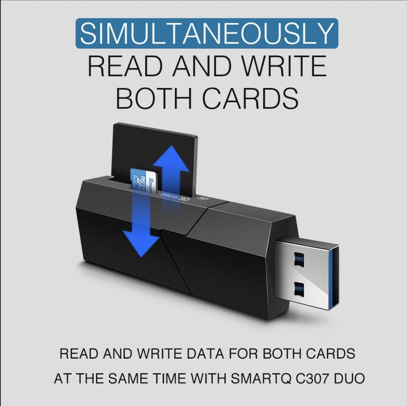 SmartQ C307 DUO SD Card Reader Portable USB 3.0 Flash Memory Card Adapter Hub for SD, Micro SD, SDXC, SDHC, MMC, Micro SDXC, Micro SDHC, UHS-I for Mac, Windows, Linux, Chrome, PC, Laptop, Switch (Duo) - Image 4